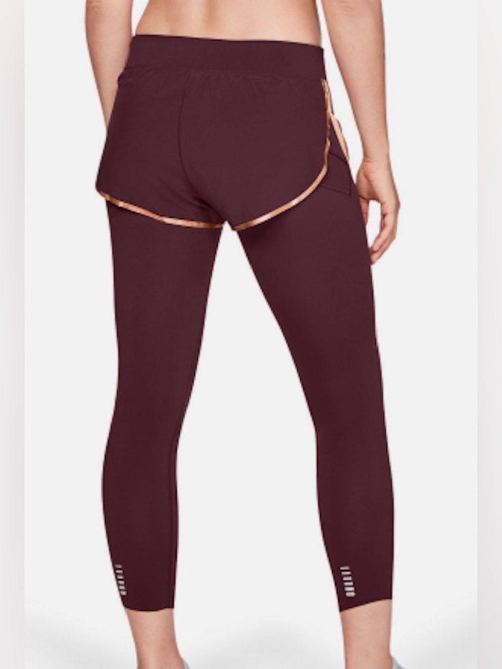 Under Armour dark maroon with orange SpeedPocket 2-in- runner crop leggings